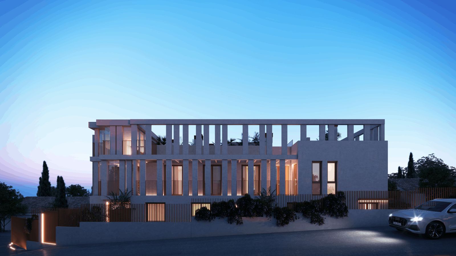 Exterieur van Bastion Sea Views residentie in de schemering